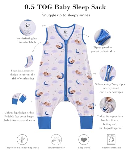 Image of Baby Sleep Sack with Feet 12-18 Months 0.5 Tog 95% Rayon from Bamboo 5% Spandex Breathable Sleep Sacks Baby Walker Quilted Wearable Blanket with Legs 2-Way Zipper Bear