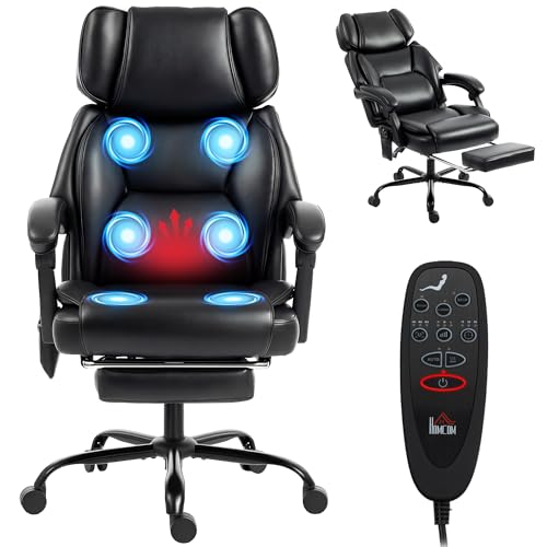 Image of HOMCOM Massage Office Chair with Lumbar Heat, Ergonomic Executive Desk Chair with Adjustable Headrest, 6 Points Vibration, High Back, Reclining, Padded Armrests, Footrest, PU Leather, Black
