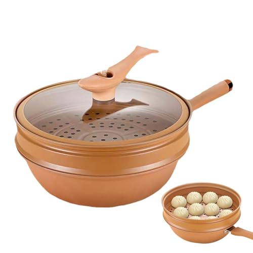 Wok in ferro da 32 cm con coperchio, pentola antiaderente in argilla, wok in ferro sano, pentola per cottura a vapore e cottura, con cestello per cottura a vapore, padella antiaderente per friggere e