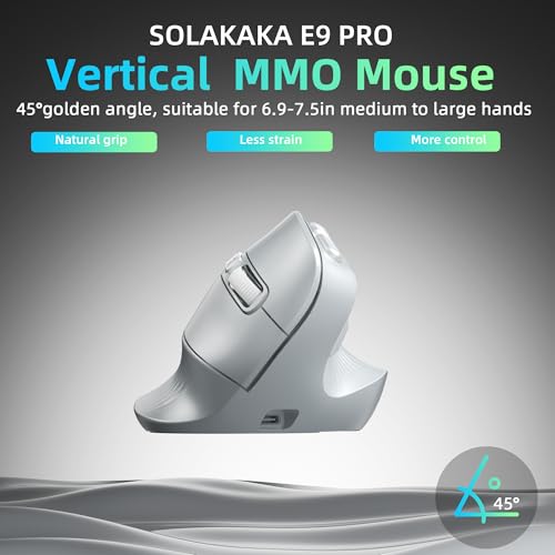 Image of SOLAKAKA E9 PRO Ergonomic Vertical MMO Mouse with 8K Dongle, Gray-Silver | Ergonomic 45 Grip vertical,PAW3395 36000 DPI Sensor, Tri-Mode Wireless,10 Side Buttons,1000mAh Rechargeable,RGB