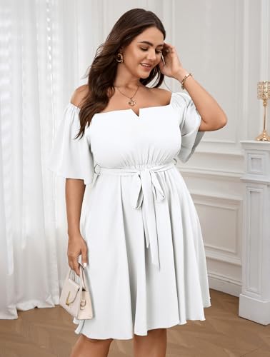Image of SCOMCHIC Womens Plus Size Cocktail Dress Summer Off Shoulder Short Sleeve Flowy Ruffle A-Line Cute Mini Dress with Belt
