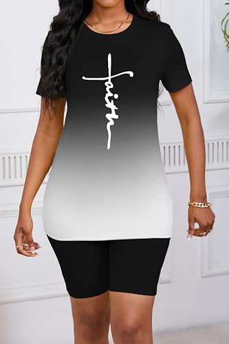 PINSV Women's 2 Piece Outfits Summer Printing Bodycon Short Pants Workout Sets2