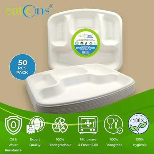 Image of EATONS | 4 Compartment Bagasse Meal Tray | 11 Inch - Pack of 50 | Disposable Plates Big Size | Sugarcane Paper Plates | Great for Events, Caterers & Buffet | Heavy Duty, Leakproof, Microwave Safe