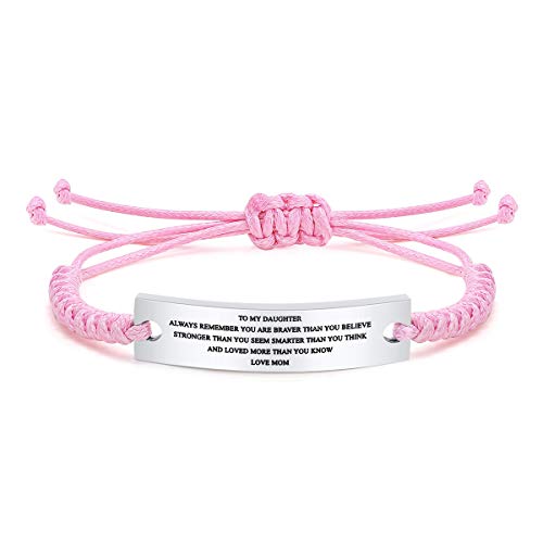MEALGUET to My Daughter Bracelet Gift Inspirational Love Messages Always Remember You are Braver Engraved Macrame Braided Bracelet to Daughter from Mom Dad Birthday Graduation Idea