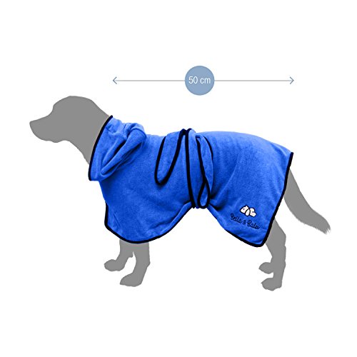 Bella & Balu Hundebademantel aus Mikrofaser, Pfotentuch - Saugfähiger Hunde Bademantel zum Trocknen nach dem Baden, Schwimmen oder Spaziergang im Regen - M - Blau