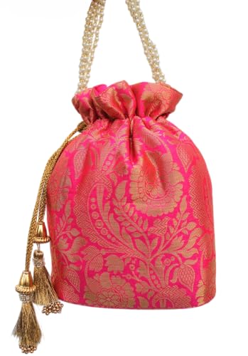 Image of MILAN'S CREATION Banarasi Silk Brocade Potli Bag Purse With Base Drawstring Women's handbag with Pearl Handle & Tassel Weddings
