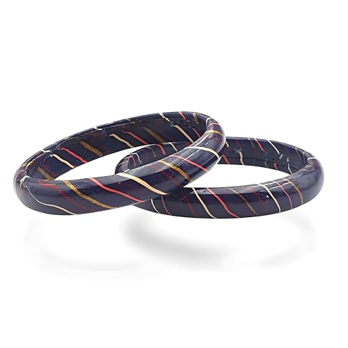 Image of Traditional Rajasthani Lac Bangles for Women and Girls, Jaipuri Lahariya Design Lakh Lah Kada, Multicolor Striped Pattern, Red Green Maroon Sky Blue Pink Purple Yellow Grey Set of 2