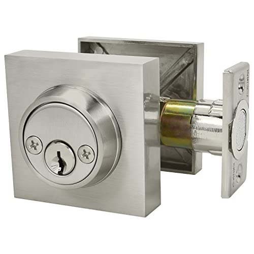 Image of Nuk3y Hulk Series Lever Door Handle Slim Square Modern Contemporary Lever Set (Deadbolt [Double Cylinder], Satin Nickel)