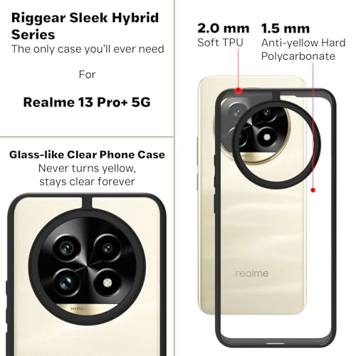 Image of RIGGEAR Shockproof Sleek Hybrid Armor Back Cover Case Compatible with Realme 13 Pro, Realme 13 Pro Plus 5G (Clear PC + Black TPU Bumper)