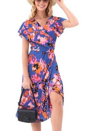 Image of Women's Summer Wrap Maxi Dress Casual Boho Floral V Neck Short Sleeve Ruffle Hem Split Beach Long Dresses