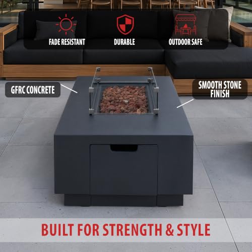 Image of AMS 66 inch Rectangular Concrete Propane Gas Fire Pit Table Bundle, Dark Gray