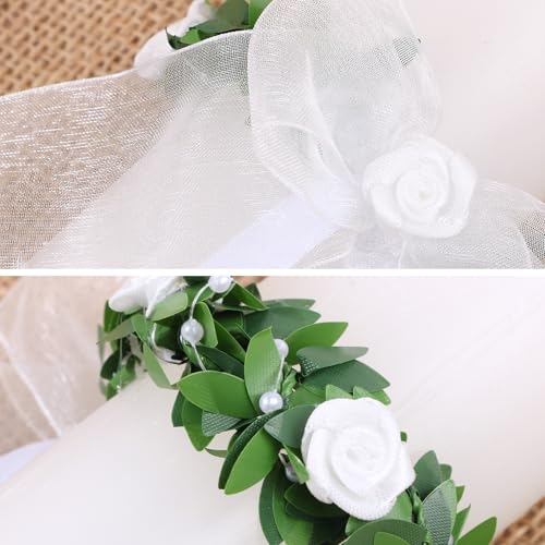 BOFUNX 2 Stück Tropfschutz Taufkerzen Weiß Tropfenfänger für Kerzen mit Durchmesser 4-5 cm Organza Schleife Blumen Kerzenrock für Taufkerzen Kommunionkerzen Hochzeitkerzen
