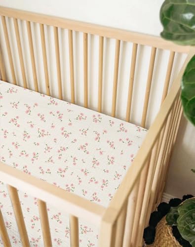 Image of Pack and Play Sheets for Baby Boy and Girl 2 Pack, Neutral Muslin Cotton Pack N Play Mattresses Sheet 27 inchx39 inch, Muslin Nursery Bedding Soft and Breathable Comfort (Rosy)