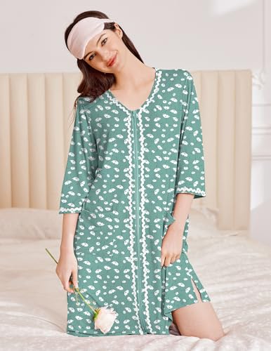 Image of Ekouaer Zipper Robes for Women 3 /4 Sleeves Lightweight House Coat Zip Up Bathrobe Soft Nightgown with Pockets S-3XL