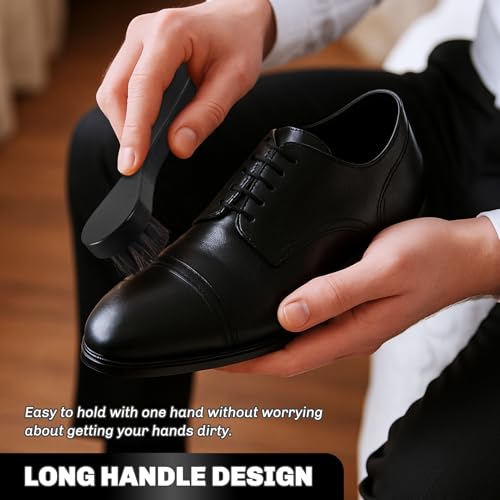 Image of 4 Pcs Horsehair Shine Shoes Brush Kit Polish Dauber Applicators Cleaning Leather Shoes Boots Care Brushes Suede Cleaner Brush with Microfiber Shoe Cloth(Black Handle A)