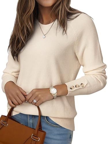 FEKOAFE Women's Sweaters Long Sleeve Crewneck Button Lightweight Pullover Sweater Solid Knit Casual Jumper Tops Fall 2025