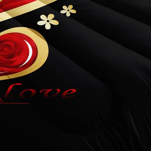 Image of AILONEN Red Rose Bedding Queen Size Couple Heart Love Comforter Set,Red and Black Comforter Set,Romantic Flower Bedding Set 3-Piece for Bedroom,1 Comforter with 2 Pillowcases