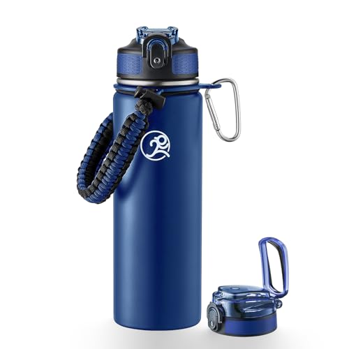 Image of GOSWAG 24oz Insulated Stainless Steel Travel Water Bottle, 2 Lids | with straw and no straw, Paracord handle, Double-wall vacuum keeps drinks cold or hot, Leakproof tumbler