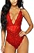 Kaei&Shi V-Ausschnitt Durchsichtige Dessous Floral Spitze Babydoll Sexy Dessous für Frauen Einteiler Bodysuit, hellrot, Medium