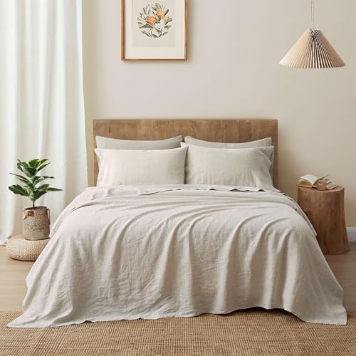 ATLINIA 100% Pure Flax Linen Bedding Set - Stone Washed French Linen Fabric Deep Pocket Fitted Sheet...
