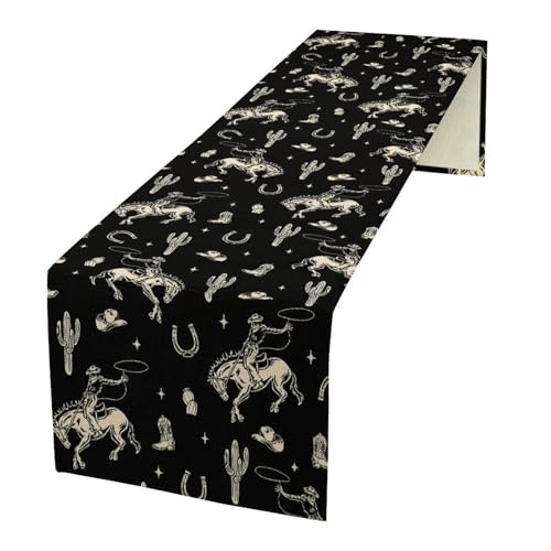 Vintage Western Cowboy Table Runner, Wild West Cowboy Riding Horse Desert Cactus Themed Table Runner for Home Kitchen Dining Party Farmhouse Cafe Outdoor 13x36in