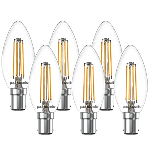 Paul russells LED Candle Filament Light – 4.5W 40W Equivalent Replacement, 470LM Lumens, 2700K Warm White, SBC B15 Small Bayonet Cap C35 Bulbs – Bright Energy Saving Non-Dimmable Lamps - Pack of 6