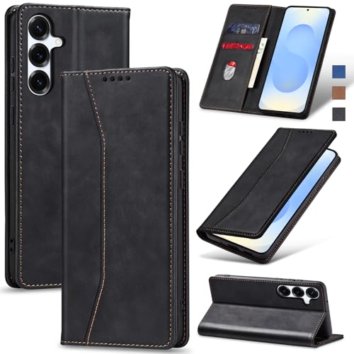 Image of Jasonyu Flip Wallet Case for Samsung Galaxy S25,Leather Magnetic Folio Cover with Card Holder,Kickstand - TPU Shockproof Durable Protective Phone Case,Black