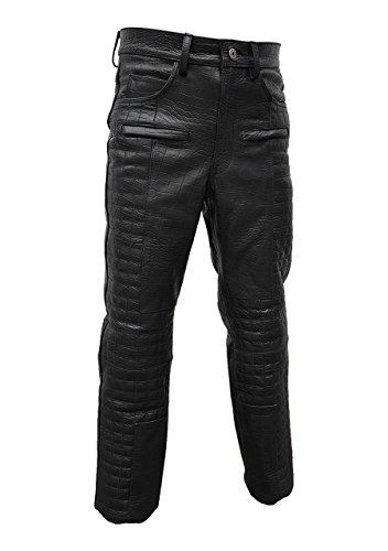 Real Mens Black Alligator Crocodile Print Leather Quilted Design Motorcycle Bikers Jeans Pants Trouser