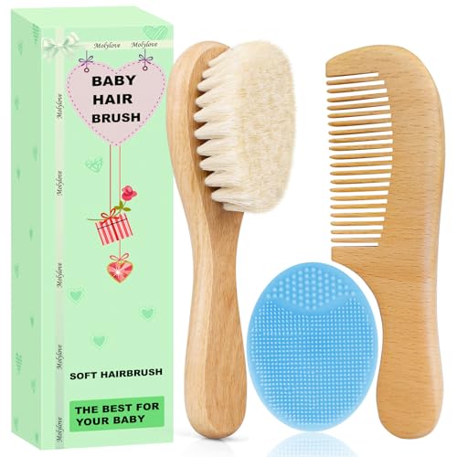 Image of Molylove Baby Hair Brush with Wooden Handle and Comb Set for Newborns & Toddlers | Natural Soft Goat Bristles l Wood Comb l Blue Cradle Cap Brush| Ideal for Cradle Cap (3 Piece)