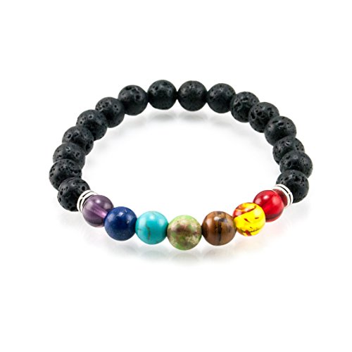 BlueRica Oil Diffuser Lava Rock Beaded Stretch Bracelet with Multi Color Gemstone Chakra Beads