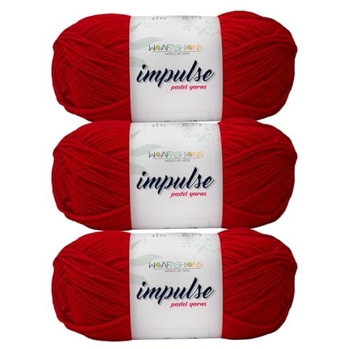 Image of WOAFashions Impulse Hand Knitting & Crochet Yarn, Premium Acrylic, 4 : Medium (Red) (3x100gms / 3.5oz / 200mtr / 218yds)