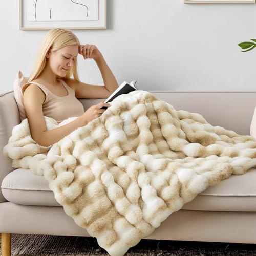 BEDELITE Faux Fur Throw Blanket for Couch, Decorative Tie-Dye Khaki Plush Bubble Blanket - Super Soft & Cozy Fluffy Faux Rabbit Fur Blanket for Women Gift, 50x60 Inches
