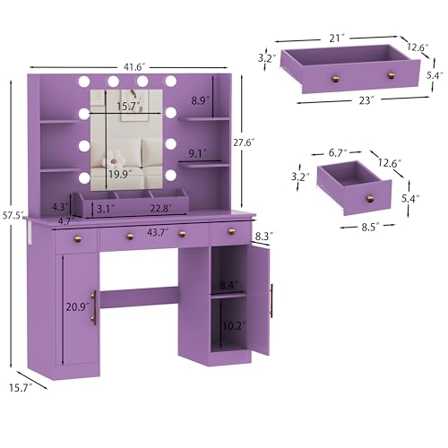 Image of HUANLEGO Vanity Desk with Mirror and Lights, Makeup Vanity with Mirror and LED Lights & Power Outlet, 3 Drawers and Cabinets, 3 Lighting Modes Dressing Table Set for Girls Women Bedroom,Purple