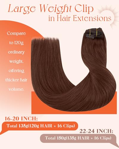 Image of Sunny Hair Clip in Hair Extensions Real Human Hair Auburn Reddish Brown | Human Hair Clip in Extensions 20inch 135g, Add Fuller and Thicker Hair, Easy to Style for Party Hairstyles with Remy Hair