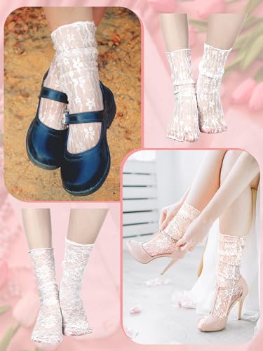Geyoga 6 Pairs Slouch Lace Socks Women Mesh Frilly High Loose Lace Ruffle Ankle Socks for Women Girls Dress4