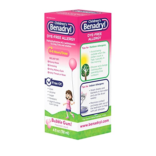Benadryl Children\'s Dye-Free Allergy Liquid Bubble Gum Flavored - 4 oz, Pack of 4