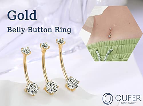 OUFER Gold Belly Button Rings, 14K Solid Gold Belly Rings, Shiny Clear CZ Belly Piercing Jewelry, Navel Rings, Long Navel Belly Rings for Women Men2