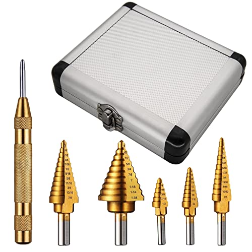 Hots SDB-5 Step Drill Bit Set & Automatic Center Punch Unibit, Cobalt Titanium Set, 5Pcs Hss Multiple Hole 50 Sizes (1/8In-1 3/8In) High-Speed Metal Steel thumb #5