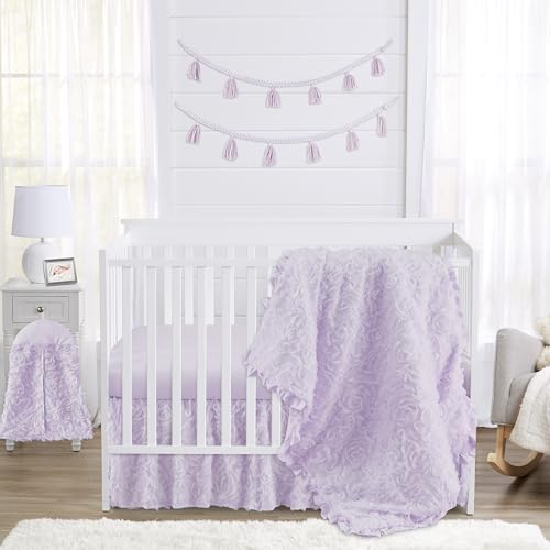 Image of Sweet Jojo Designs Purple Floral Rose Baby Girl Nursery Crib Bedding Set - 4 pieces - Solid Light Lavender Flower Luxurious Elegant Princess Vintage Boho Shabby Chic Luxury Glam High End Ruffle Roses