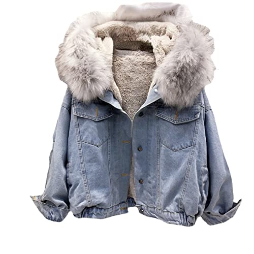 Vagbalena Chaqueta de Mezclilla para Mujeres de Invierno para Mujeres Chaqueta de camión de Mezclilla con Pelaje sherpá sher Espesada Chaqueta de Jeans de Jeans Vintage (Azul 3,L)