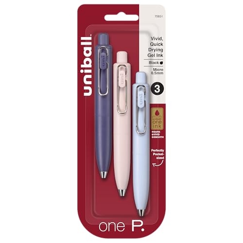 uni one P Retractable Gel Pens, Micro Point (0.5mm), Grape, Peach, and Soda Barrels, Black Ink, 3 Pack