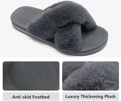 Image of COFACE Womens Fuzzy Slides Fluff Faux Fur Cross Slippers Open Toe Yoga Mat House Slipper Sandals With Arch Support For Indoor /Outdoor