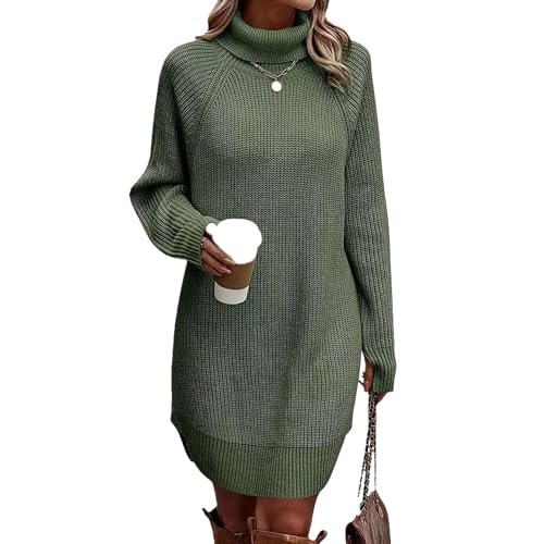 Robe pull en tricot élégante robe midi décontractée verte L à col roulé