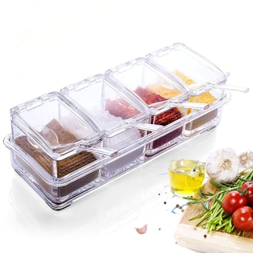 Image of Spice Box with 4 Square Containers and Spoons | Transparent Condiment Storage Set with Hinged Lids and Tray
