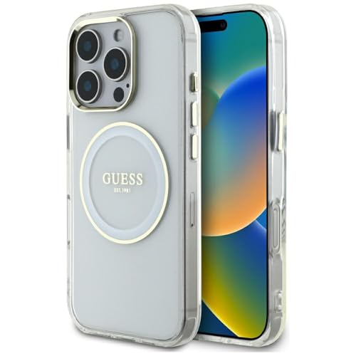 CG Mobile Guess IML Metal Colored Circle Logo Classic Compatible avec MagSafe pour iPhone 16 Pro (Blanc)