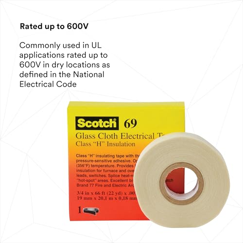 Image of 3M Glass Cloth Electrical Tape 69 with High-Temperature, Thermosetting, Pressure Sensitive Silicone Adhesive, 3 /4 in x 36 yd (108 ft), 1 roll