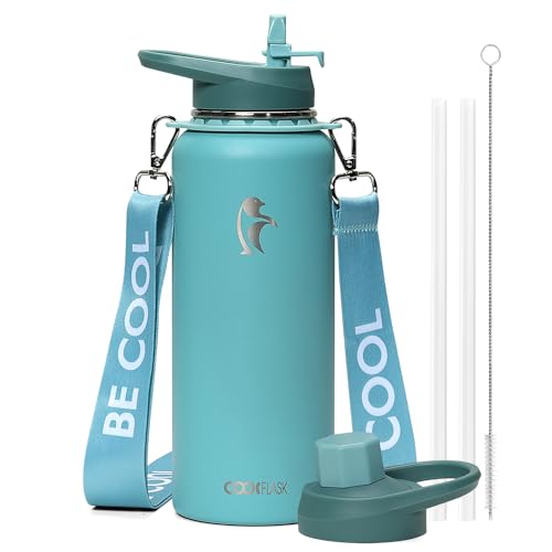 Image of Coolflask 40 oz Water Bottle Insulated Stainless Steel with Strap