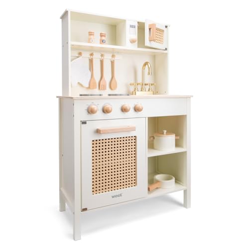 Woet® Holzspielzeug Spielküche für Kinder – Spielküche in Off-White mit Küchenzubehör und Rattan-Details – Küchenspielzeug – Ab 3 Jahren – Geschenk für Mädchen und Jungen