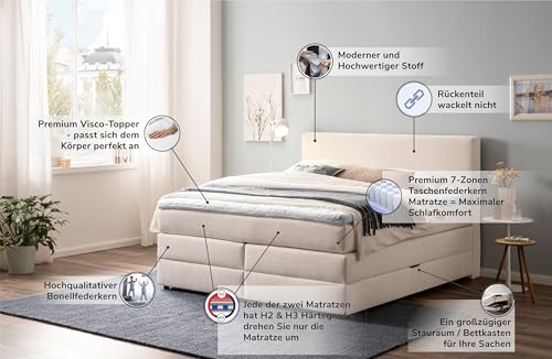Belanoti Loft Boxspringbett 180x200 mit Bettkasten 7-Zonen Taschenfederkern Matratze inklusive Visco Topper Bett 180x200 in der Farbe Beige H2 und H3 Polsterbett mit Stauraum – Bild 6