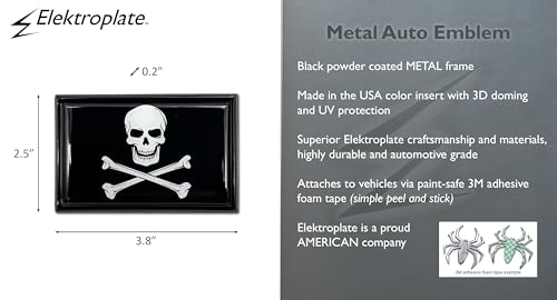 Image of Elektroplate Exclusive Metalhead Collection Pirate Skull and Cross Bones Black Flag All Metal Emblem for Cars, Trucks, and All Auto | Universal Fit at 2.5 inch x 3.8 inch | Weatherproof